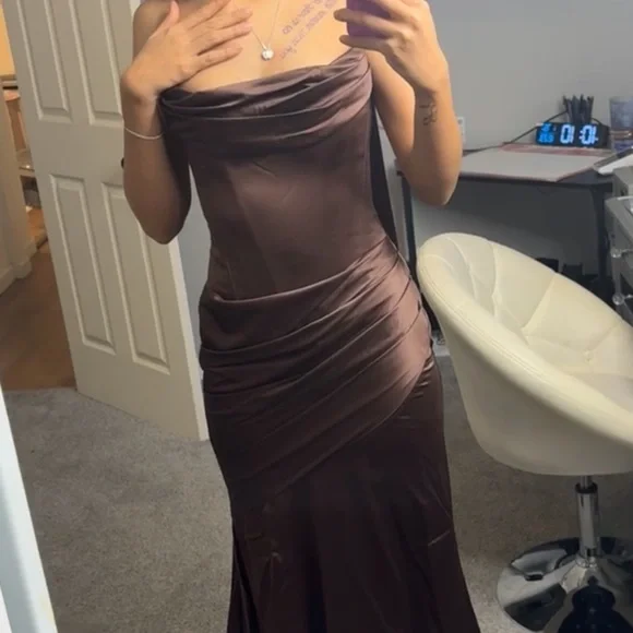 Brown Satin Halter-Back Maxi Dress - Picture 5 of 7